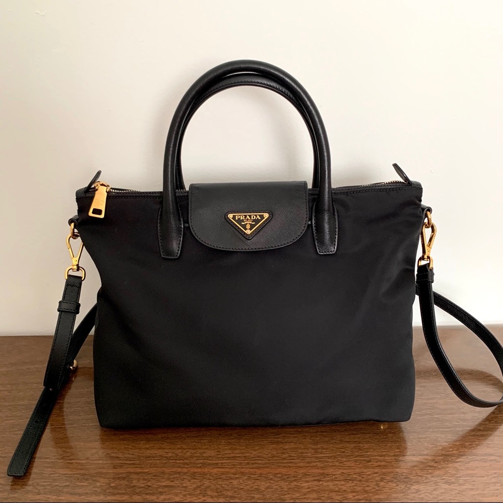 Prada Flap Tessuto Saffiano Leather Nylon Tote